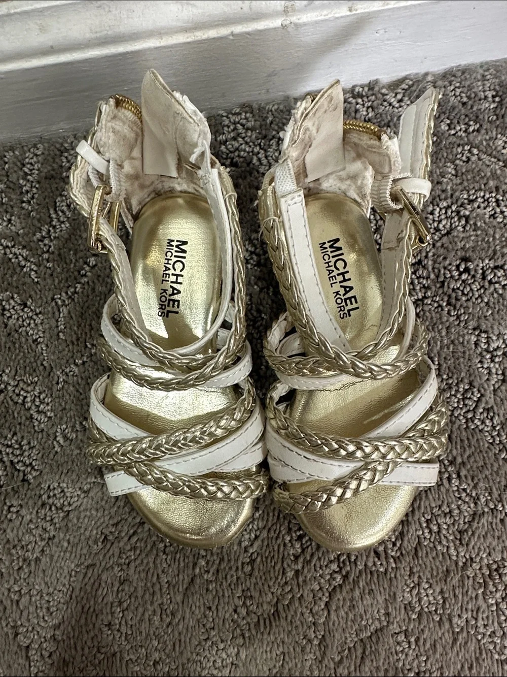 Michael Kors White and Gold Braided Strap Sandals
